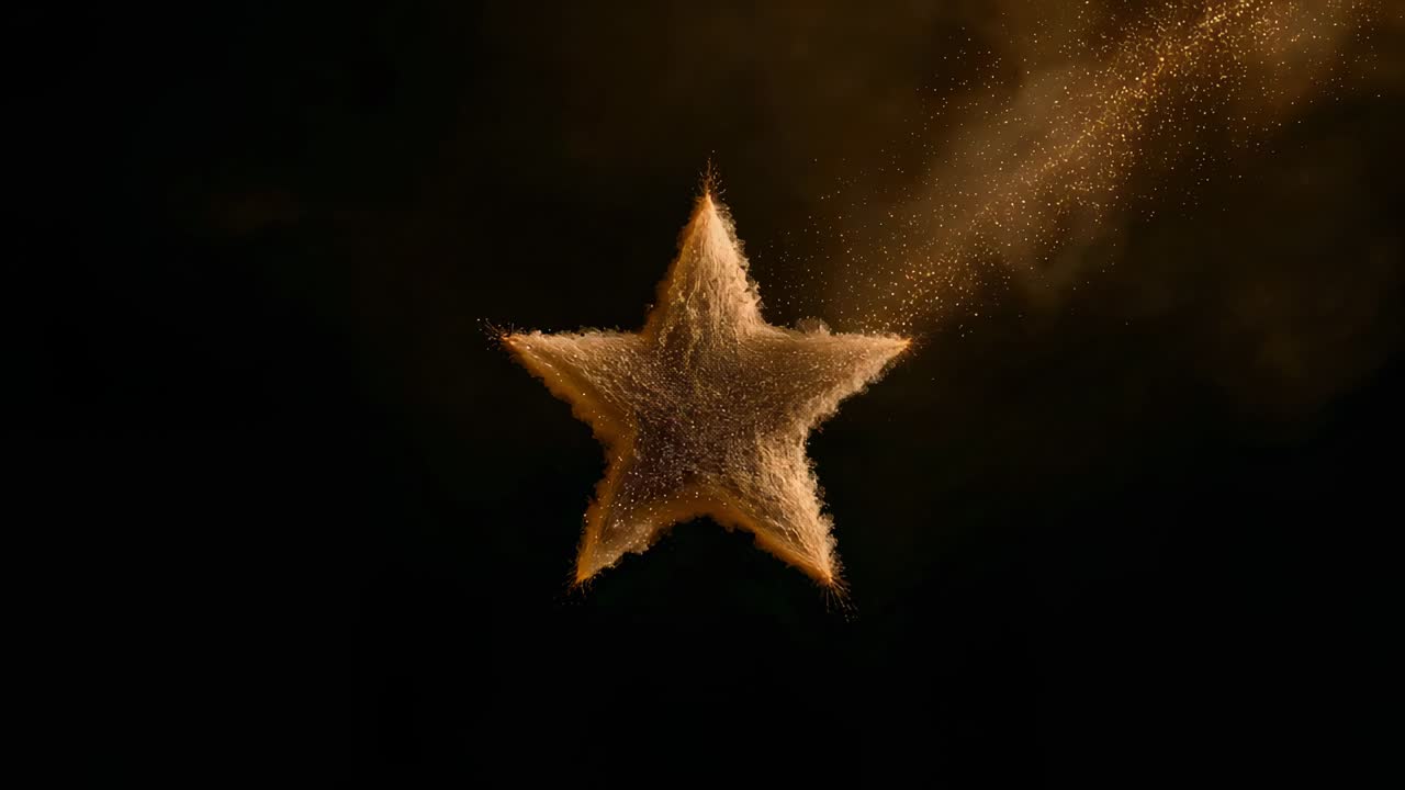 Shedding five-point star emitting gold dust after top-right stream starting in studio, warm light