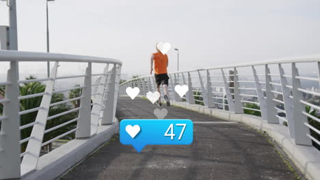 running on bridge, person receiving likes animation over scene