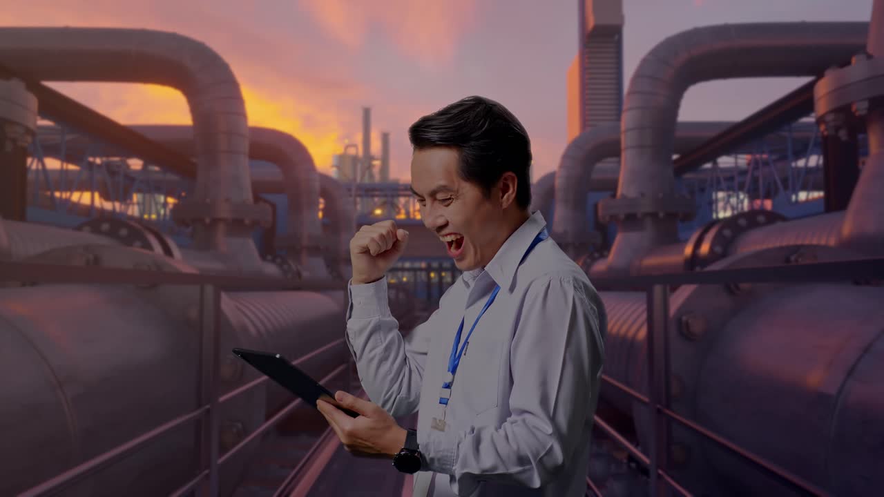 Vista lateral de um Trabalhador Profissional Asiático em pé com seu tablet, Rede de Tubulações Industriais ao pôr do sol. Ele levanta o punho e comemora um objetivo após verificar no tablet.