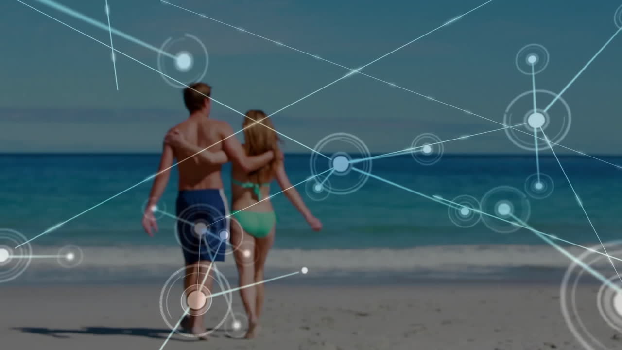 해변에서 고 있는 백인 부부의 연결망의 애니메이션