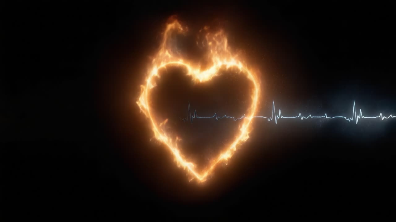 Et fascinerende visuelt billede af et flammende hjerte flettet sammen med en elektronisk hjerterytme-linje, der symboliserer passion og liv i en slående kombination af ild og energi.