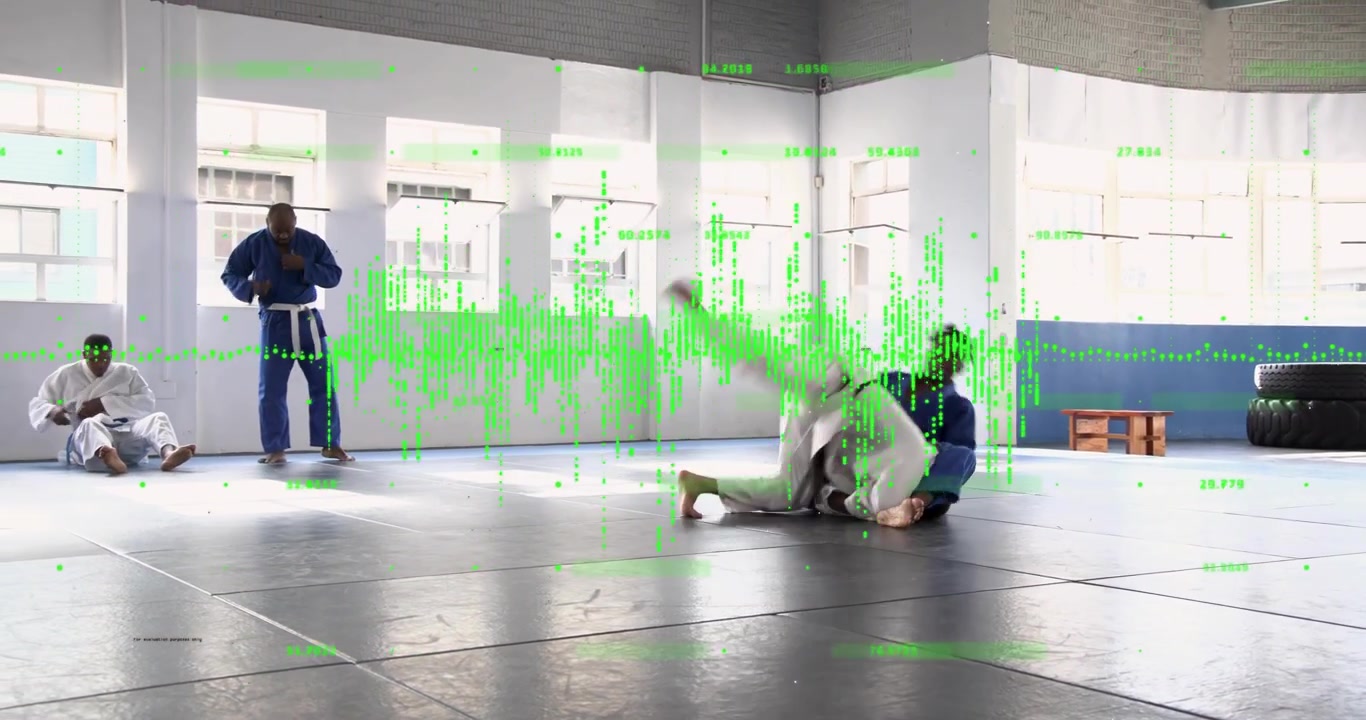 Jiu-jitsu instructor solidifying side control on student grip showing control with waveform pulsing