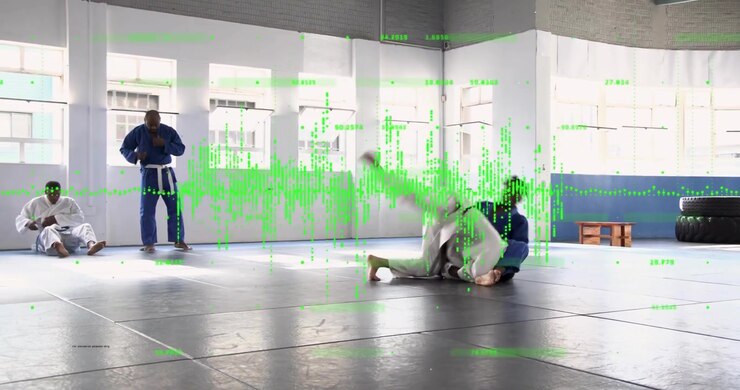 Jiu-jitsu instructor solidifying side control on student grip showing control with waveform pulsing