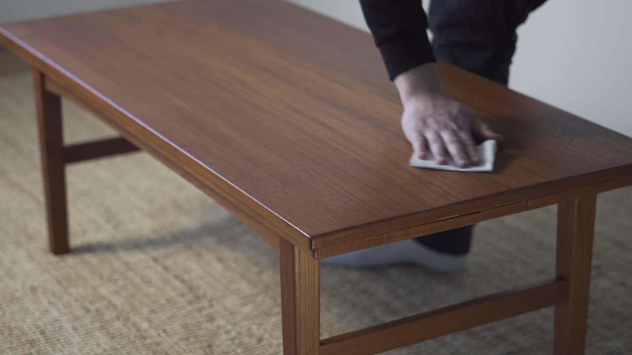 Hand wipes a mid century teak dining table, preparing furniture for sale in a showroom or home staging setting