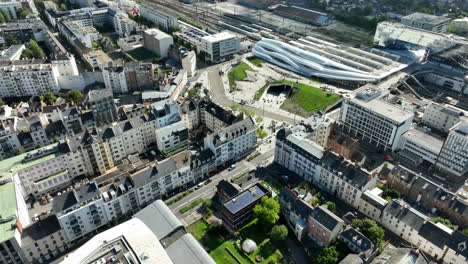 Drone-dolly-shot-over-the-modern-new-Rennes-station-on-a-sunny-day