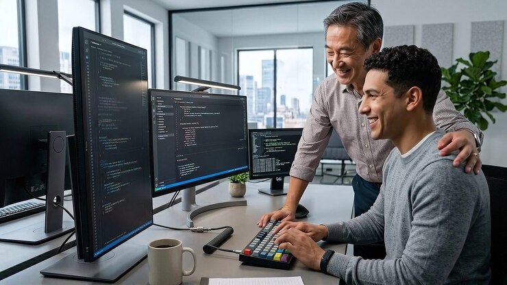 Software Developers Collaborating on Code in Modern Office