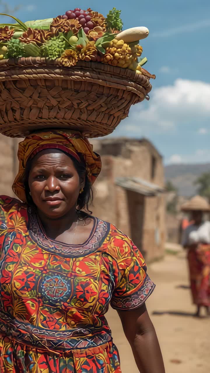 Vertical video: Walking woman in dress carrying produce basket on head on dirt road, going to sell