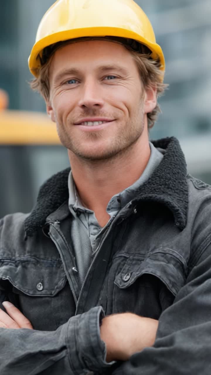 A confident construction worker wearing a yellow hard hat and a gray jacket, showcasing a professional smile and readiness for work in a construction environment