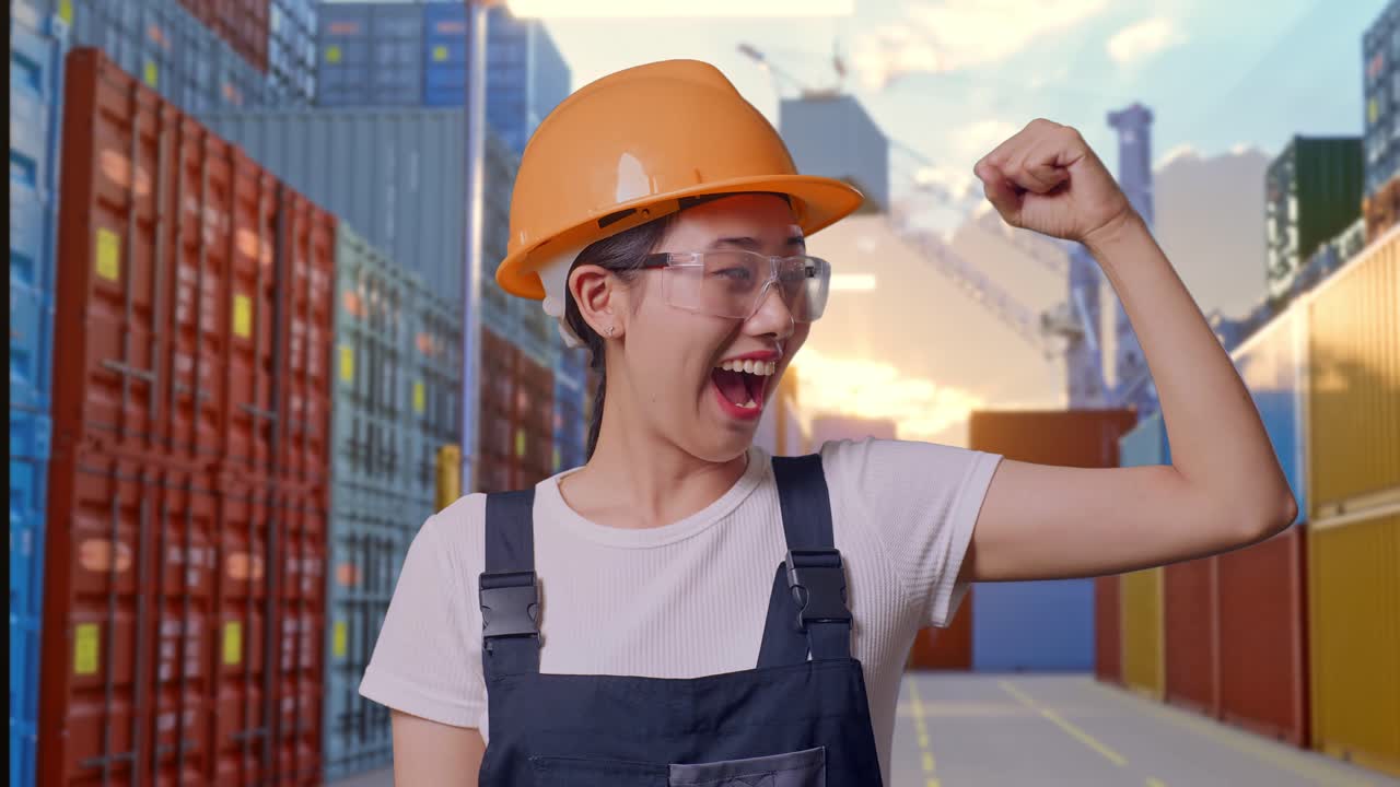 close up de una trabajadora asiática que usa gafas de protección y casco de seguridad sonriendo y flexionando su bíceps mientras está de pie en el almacén del patio de contenedores