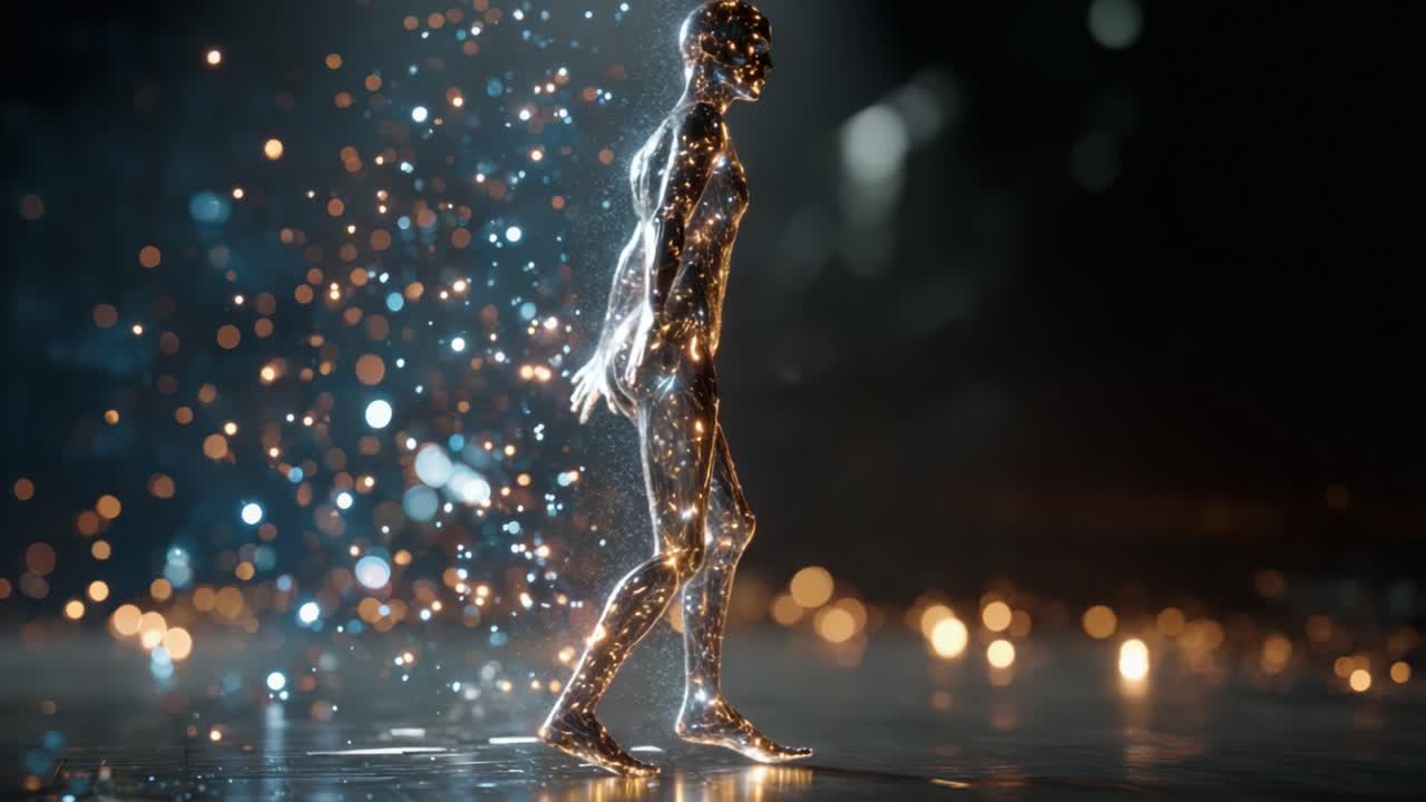 A Dynamic Ethereal Figure Composed of Shimmering Particles Moves Gracefully Through a Mesmerizing Light-filled Environment and Captivates the Audience with Its Elegance