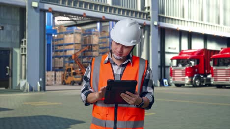 asian male engineer with safety helmet working on a tablet while standing , outside of logistics distributions warehouse