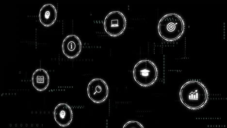 animation of digital icons representing technology and education over dark background