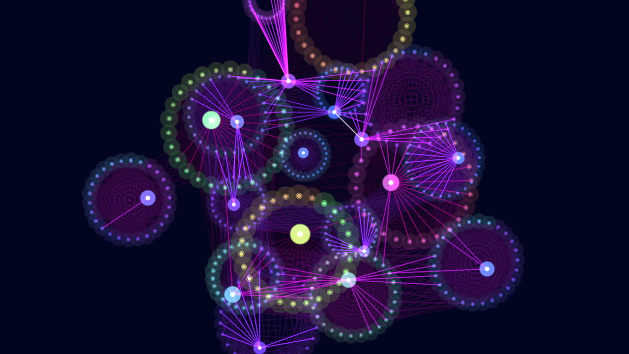 red colorida de círculos conectados que visualizan la transmisión de datos en una red basada en nodos