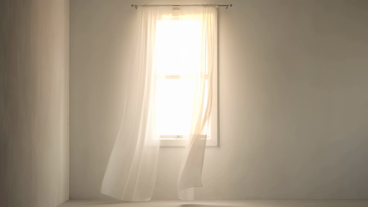 Sunlit Window With Sheer Curtain Drifting, Empty Neutral Room Bathed In Warm Morning Glow, Soft Shadows