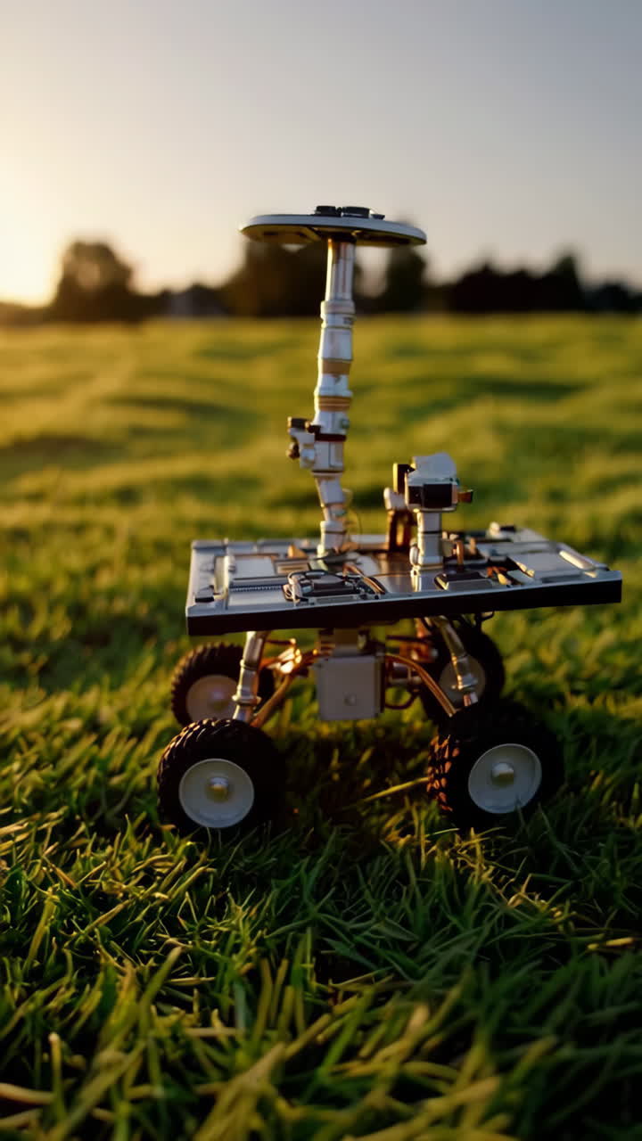 Mars Rover Model in a Field at Sunset