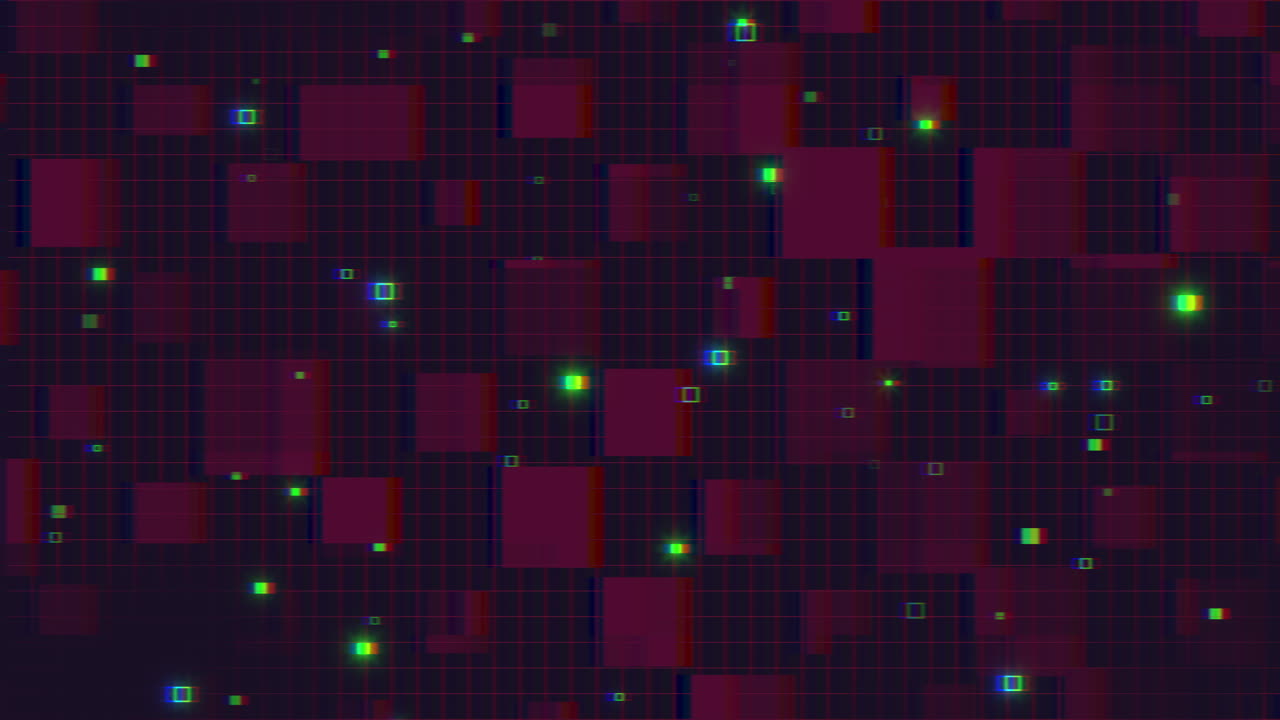 pixels et carrés numériques bleu néon et violet sur l'écran du moniteur