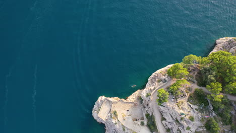 person swimming off croatian rocky coastline, makarska, aerial top down view