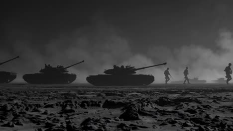 monochrome silhouettes of soldiers running alongside tanks depict the grim reality of war on a desolate battlefield, shrouded in smoke and dust