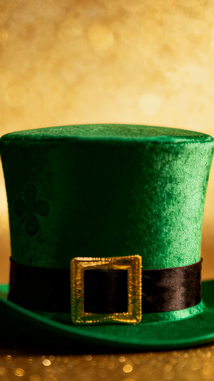 Video vertical: Toma de cámara con zoom, acercando un sombrero de copa verde en un set de estudio mostrando una hebilla dorada