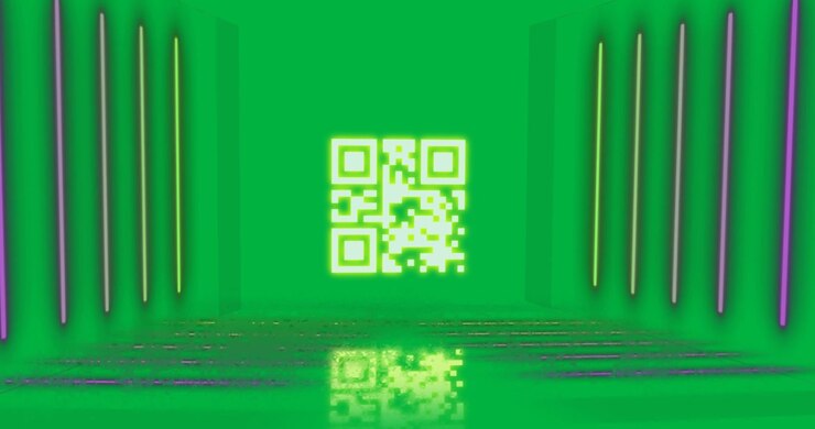 Animation of flickering yellow QR code with neon lines.
