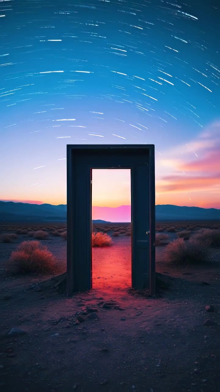 Lapso de tiempo de una puerta resplandeciente en el desierto de la noche al día