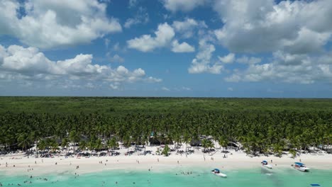 Aerial-landscape-view-of-a-beach-full-of-tourists-in-Saona-Island,-Dominican-Republic