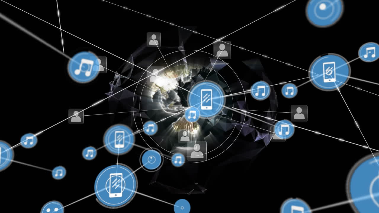 animación de redes de conexiones con iconos sobre fondo negro