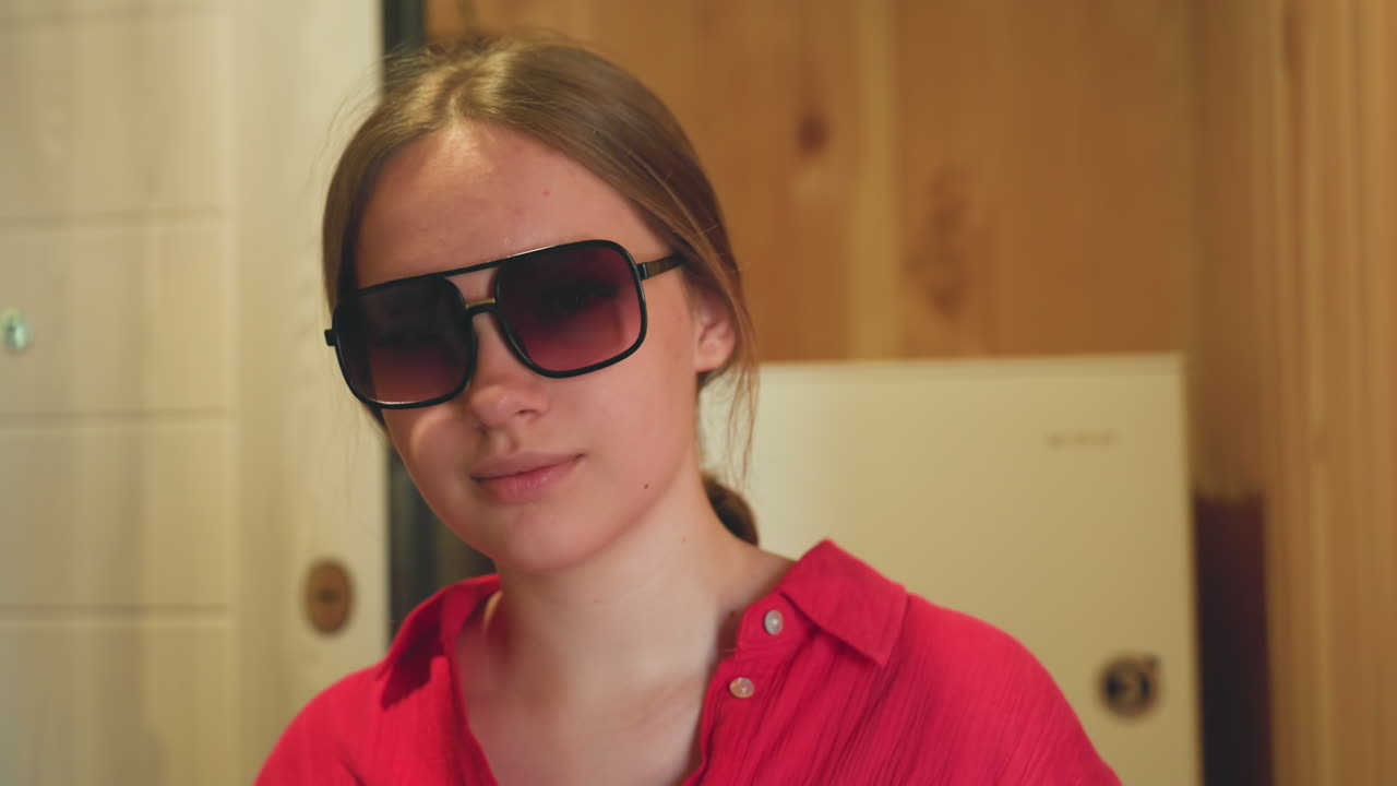 Close up of young woman in red top putting on sunglasses with confident gaze indoors, expressive green eyes and subtle makeup captured in warm lighting with soft background