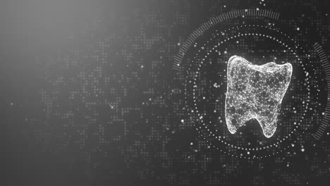 abstract animation of holographic 3d image tooth on black background with pixels and particles. medical dental looped motion graphics. copy space.
