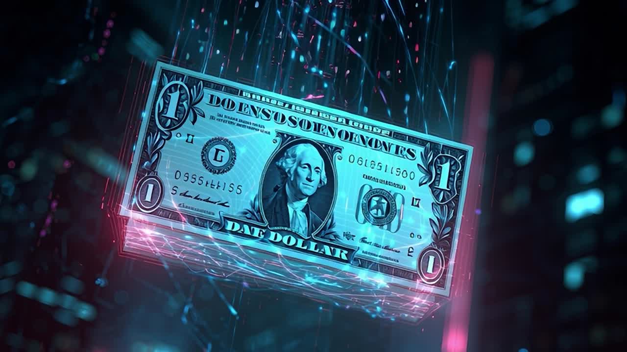 Digital representation of currency with neon effects at night