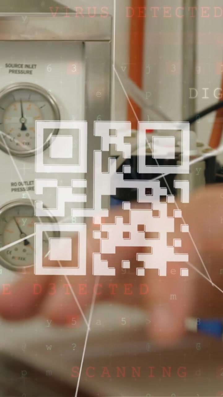 Animation of qr code scanner and data processing over caucasian engineer using laptop at factory