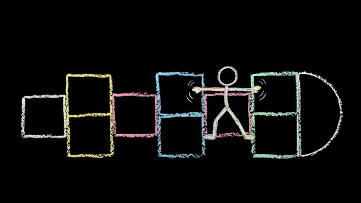 Stick Figure Animation Playing Hopscotch on Chalkboard
