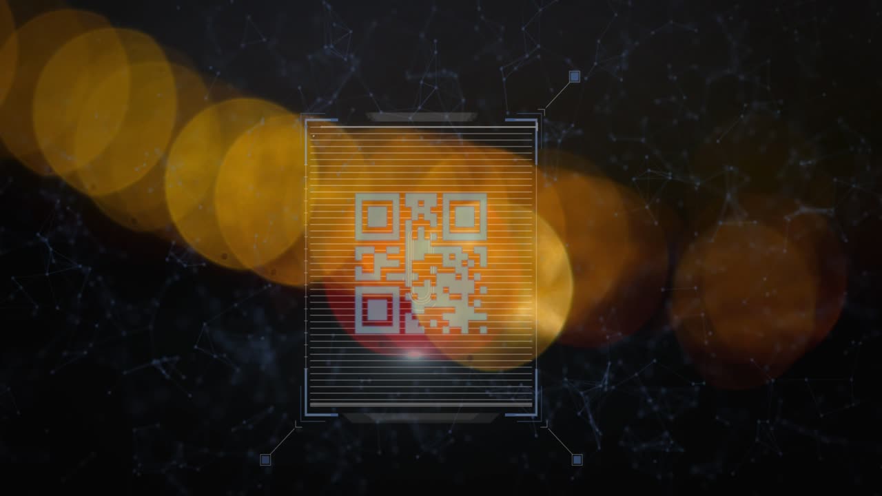 Animation of neon qr code scanner and network of connections over spots of light on black background