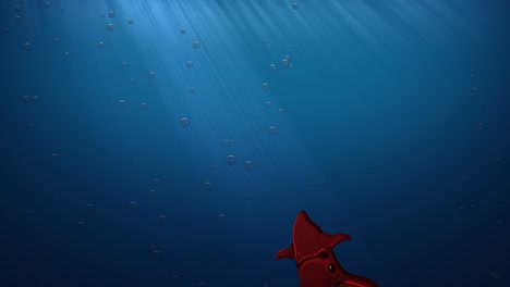 animated red squid swims through ocean depths