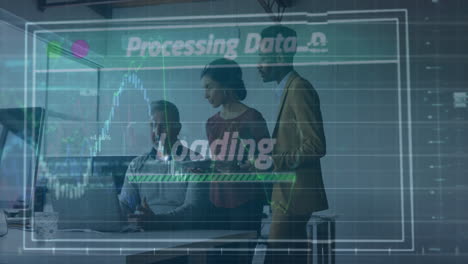 animation of financial data processing over diverse business people in office