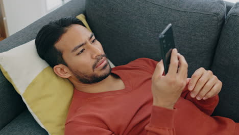 stress, shock and man texting on phone