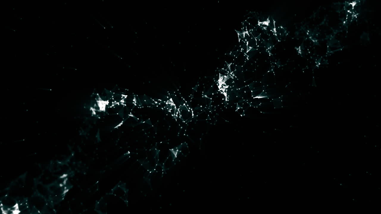 검은 바탕에 떠다니는 반 ⁇ 이는  ⁇  점과 연결된 선의 회전하는 성운 모양