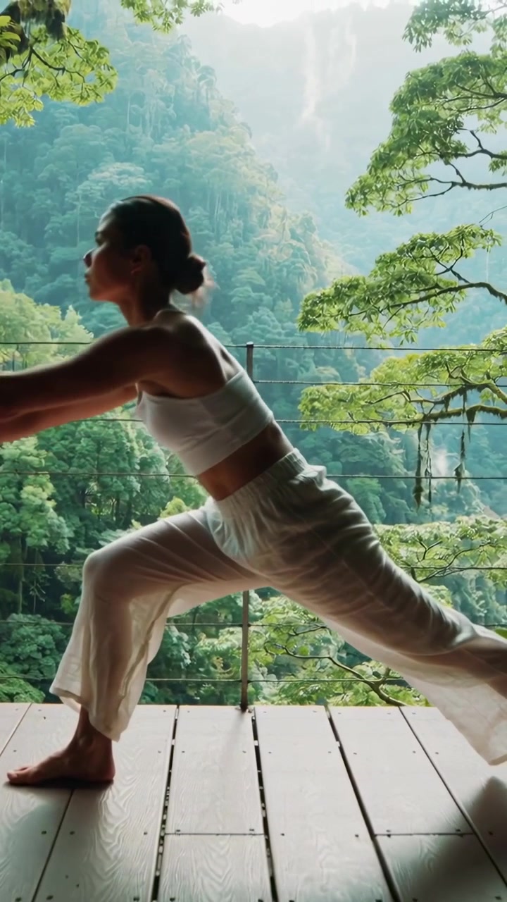 Video verticale: Donna in reggiseno e pantaloni bianchi che passa da un affondo basso a uno alto per mantenere l'equilibrio su un ponte.