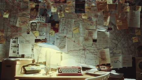desk with typewriter under evidence board in police department