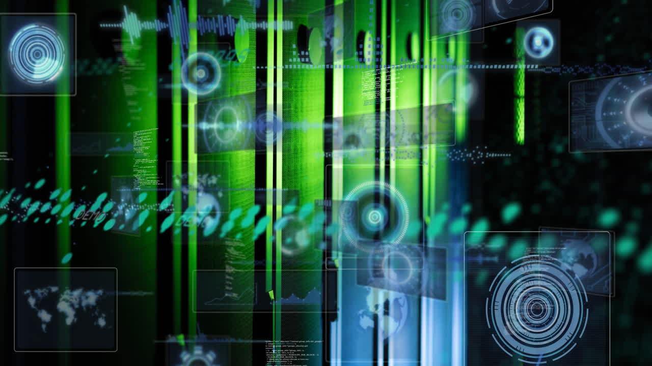 Animation of graph, maps, globes, radar and computer language over data server racks