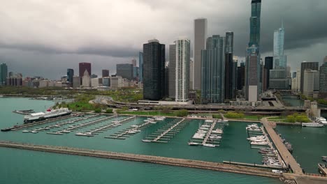 aerial view of monroe harbor docks and downtown chicago