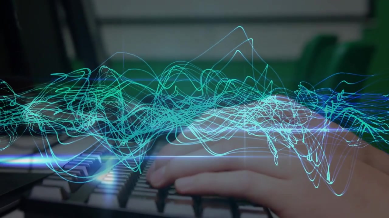 Animation of green digital waves over caucasian boy using computer in the class at school