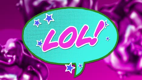 Animation-of-lol-text-in-pink-letters-in-retro-speech-bubble-over-glowing-purple-background