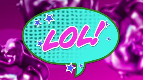animación de texto lol en letras rosadas en burbuja de habla retro sobre un fondo púrpura brillante