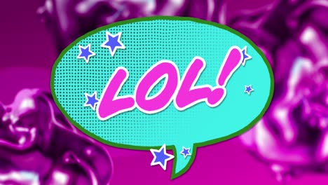 animation of lol text in pink letters in retro speech bubble over glowing purple background