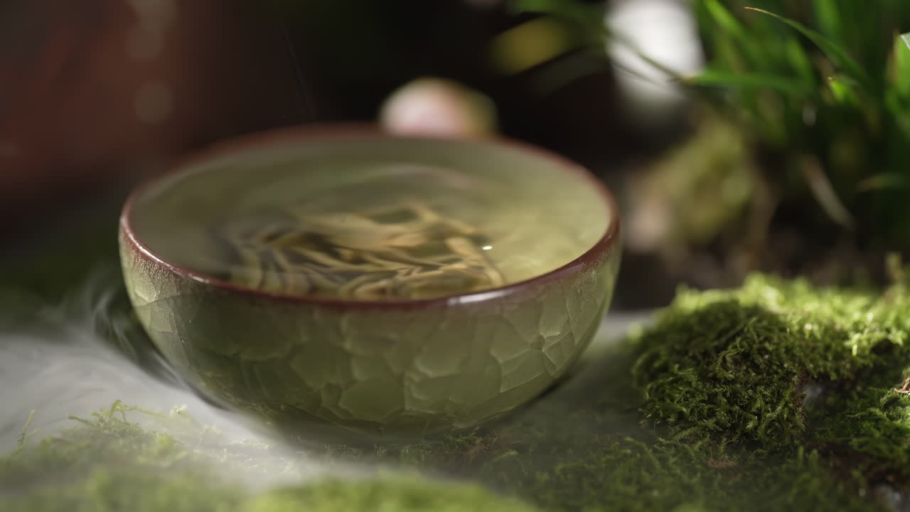 Elegant tea ceremony set against a serene mountain backdrop creates a tranquil, zen-like atmosphere with a beautiful mountain backdrop creating a tranquil scene