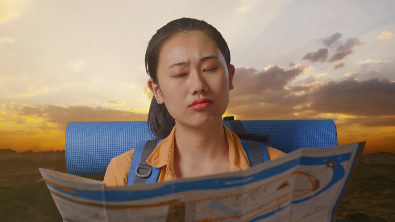 Close Up Of Asian Female Hiker With Mountaineering Backpack Looking At The Map Then Thinking While Standing On The Top Of Mountain During Sunset Time