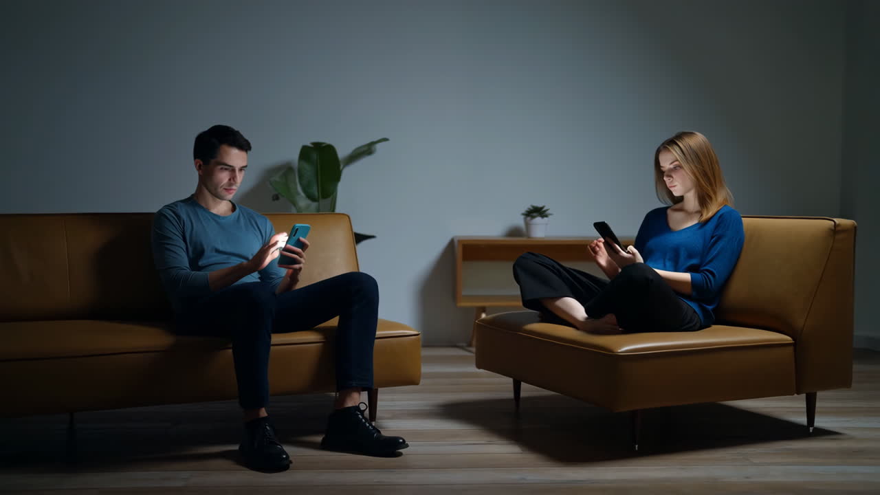 Couple engrossed in their smartphones on separate couches