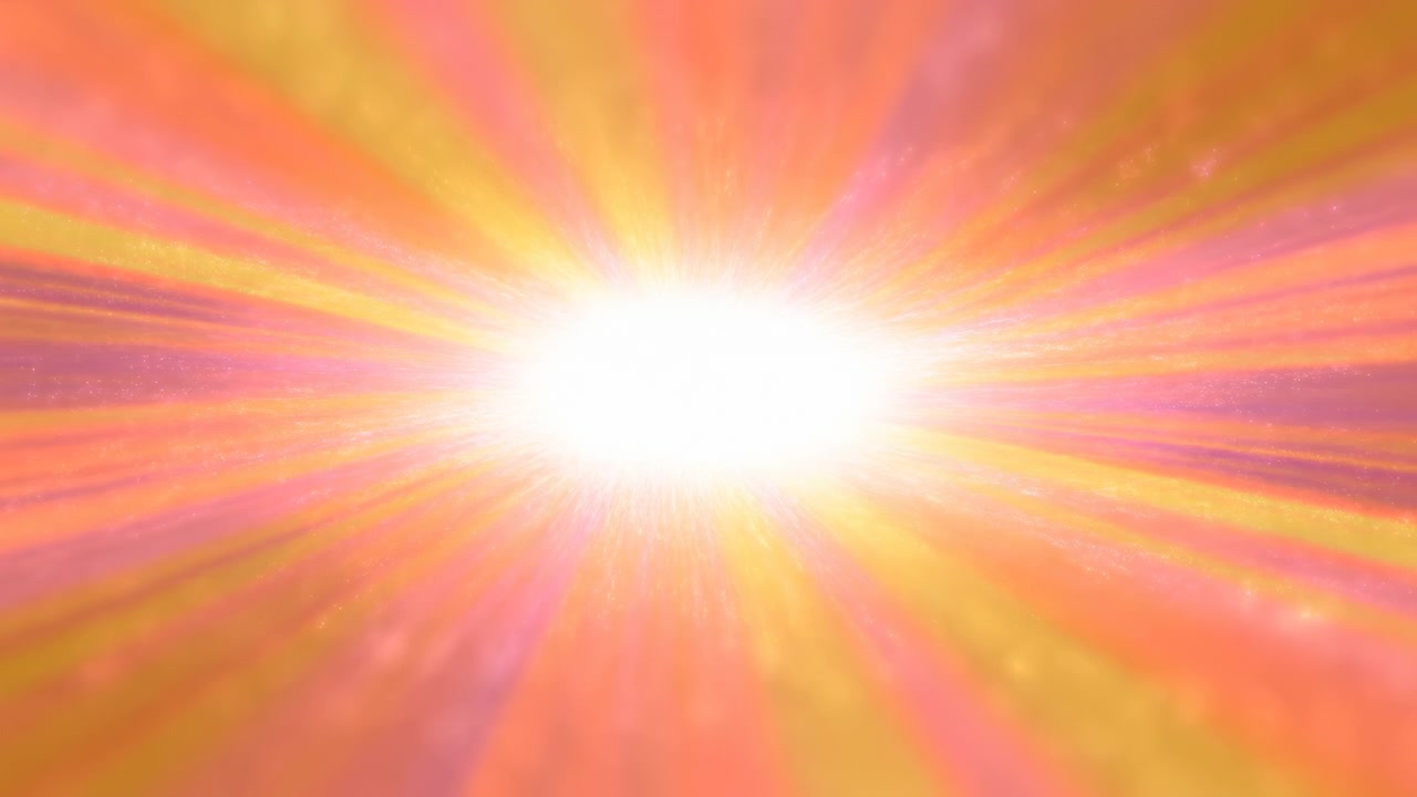 A bright white light source erupts at the center, sending radiant orange, pink and gold rays outward with streaked beams and glittering particle trails across