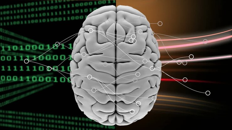 Digital animation of network of connections over human brain against binary coding and digital waves